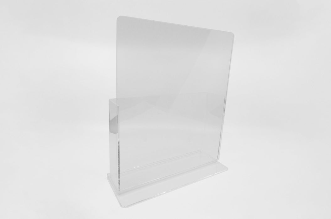 Back of a clear acrylic sell sheet display stand made to hold 8.5" x 11" paper products.