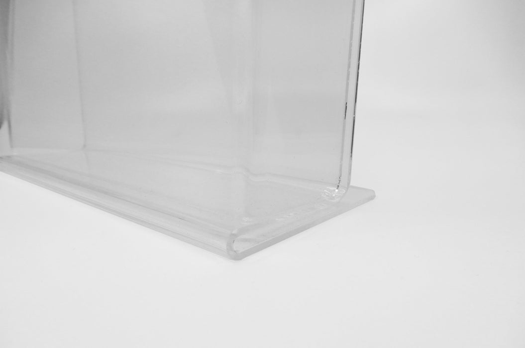 Close up of the bottom of a clear acrylic sell sheet display stand made to hold 8.5" x 11" paper products.