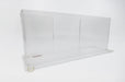 Clear acrylic rack card stand on a white background.