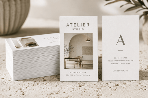 Custom 12pt recycled uncoated business cards and stationery mockup for Atelier Studio featuring minimalist interior photography