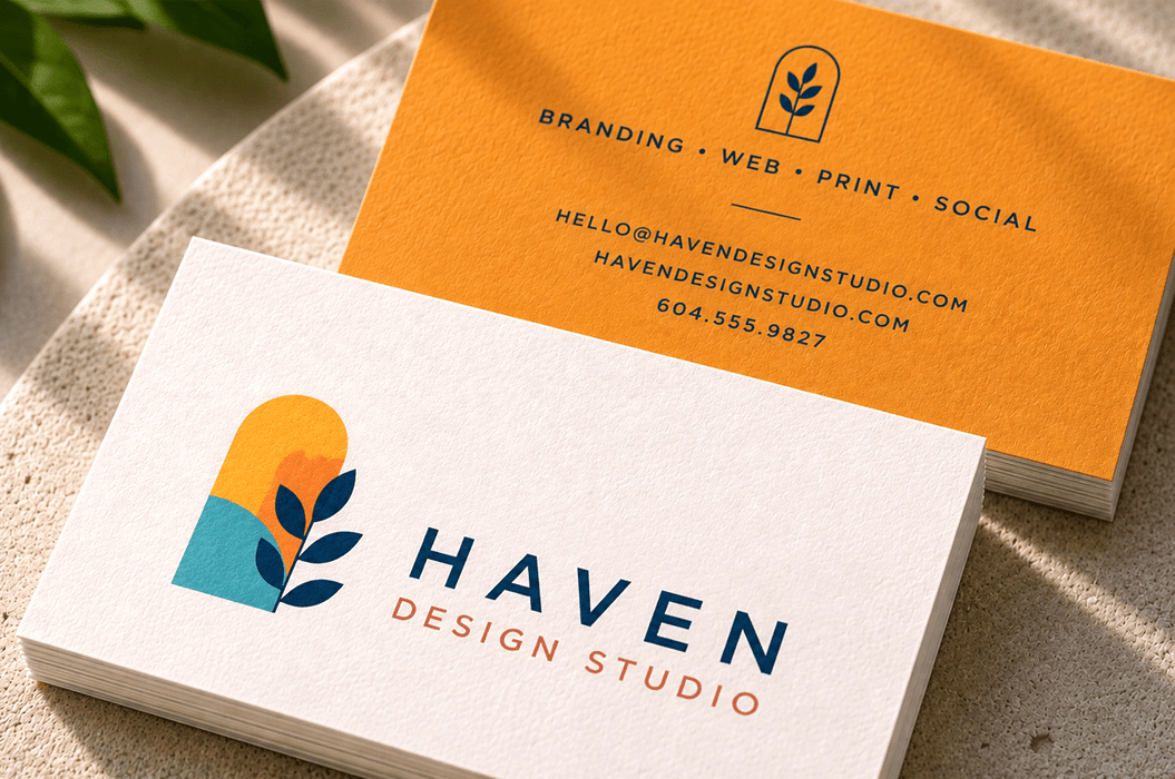 Stack of custom 12pt recycled uncoated business cards for Haven Design Studio showing front and back botanical graphics printed by Clubcard