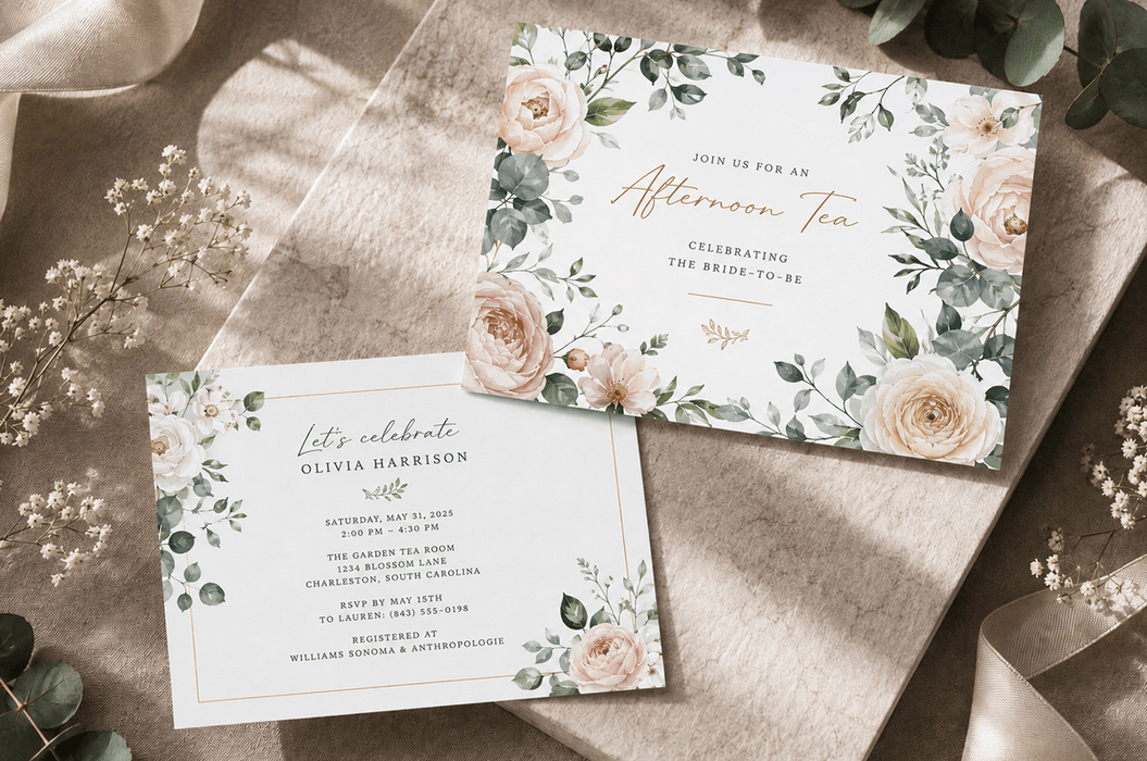 Custom 12pt recycled uncoated bridal shower invitations featuring gold foil stamped Afternoon Tea lettering and decorative foil border accents with watercolor blush roses