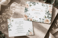 Custom 12pt recycled uncoated bridal shower invitations featuring gold foil stamped Afternoon Tea lettering and decorative foil border accents with watercolor blush roses
