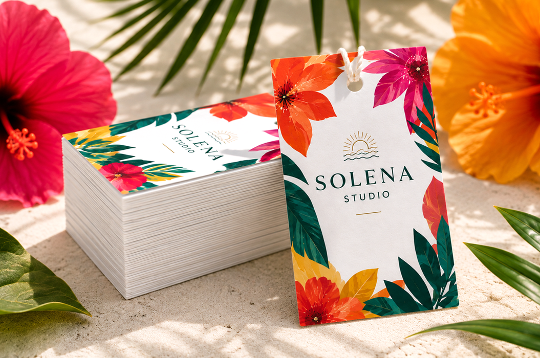 12pt recycled uncoated hang tags with gold foil stamped accents and tropical floral design for Solena Studio