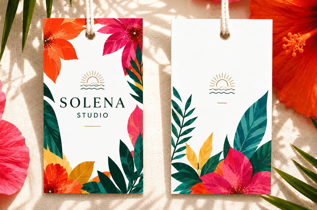 Custom 12pt recycled uncoated hang tags with gold foil stamped accents and tropical hibiscus floral artwork for Solena Studio