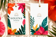 Custom 12pt recycled uncoated hang tags with gold foil stamped accents and tropical hibiscus floral artwork for Solena Studio