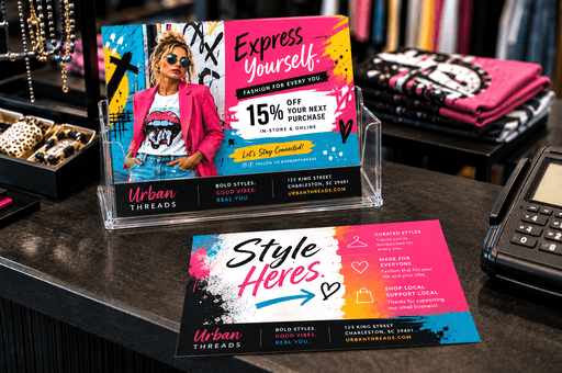 12pt recycled uncoated promotional cards custom printed by Clubcard Vancouver for Urban Threads displayed on a retail store checkout counter