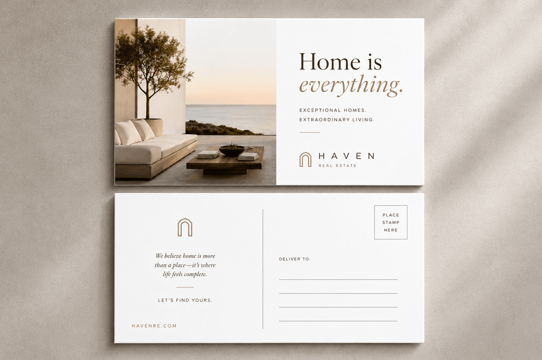 Extra thick 24pt recycled uncoated postcards printed by Clubcard Vancouver for Haven Real Estate with Home is everything front and back designs