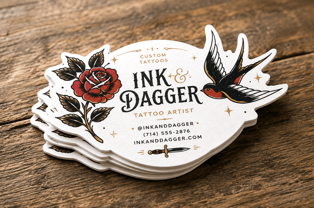 Extra thick 24pt recycled uncoated die cut business cards with gold foil stamped accents printed by Clubcard Vancouver for Ink & Dagger Tattoo