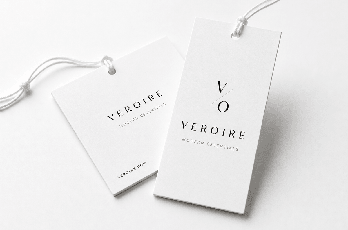 Extra thick minimalist 24pt recycled uncoated apparel hang tags printed by Clubcard Vancouver for Veroire Modern Essentials featuring white cord strings