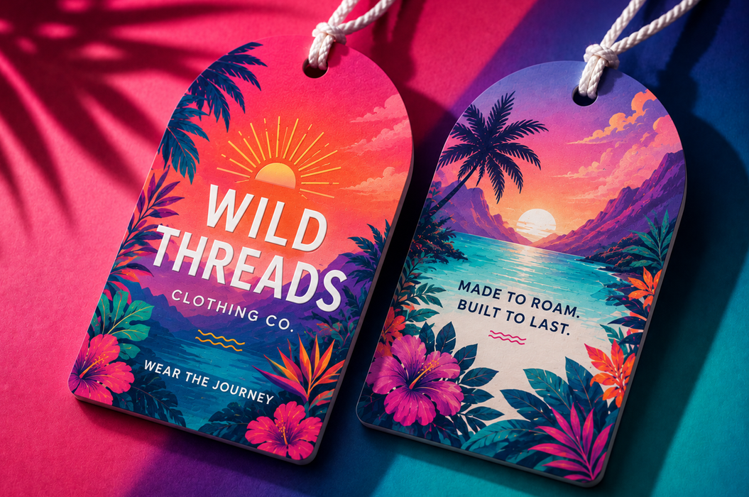 Extra thick 24pt recycled uncoated apparel hang tags for Wild Threads Clothing Co. with sunset beach artwork and string cords by Clubcard Vancouver
