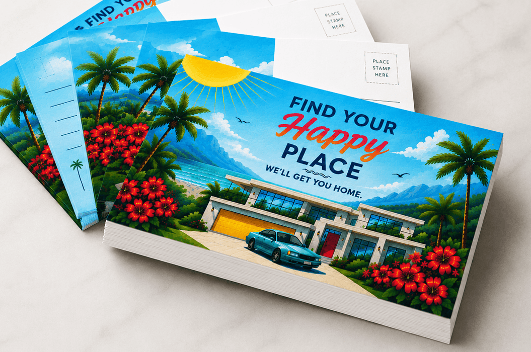 Extra thick 24pt recycled uncoated postcards printed for real estate marketing with tropical Find Your Happy Place artwork. Printed by Clubcard Printing Vancouver Canada