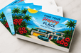 Extra thick 24pt recycled uncoated postcards printed for real estate marketing with tropical Find Your Happy Place artwork. Printed by Clubcard Printing Vancouver Canada