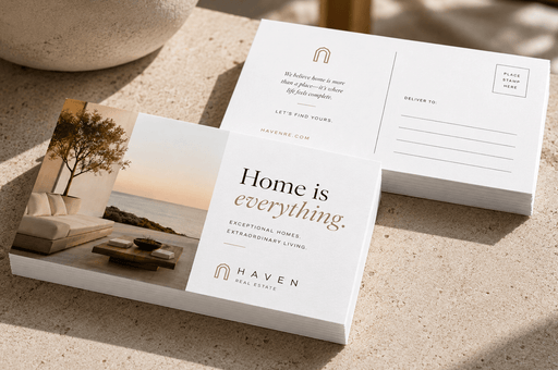Extra thick 24pt recycled uncoated postcards for Haven Real Estate displaying custom tagline Home is everything and postcard back design. printed by Clubcard Vancouver