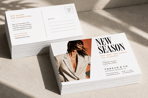 Extra thick 24pt recycled uncoated promotional postcards custom printed for Thread & Co. showing front and back layout designs