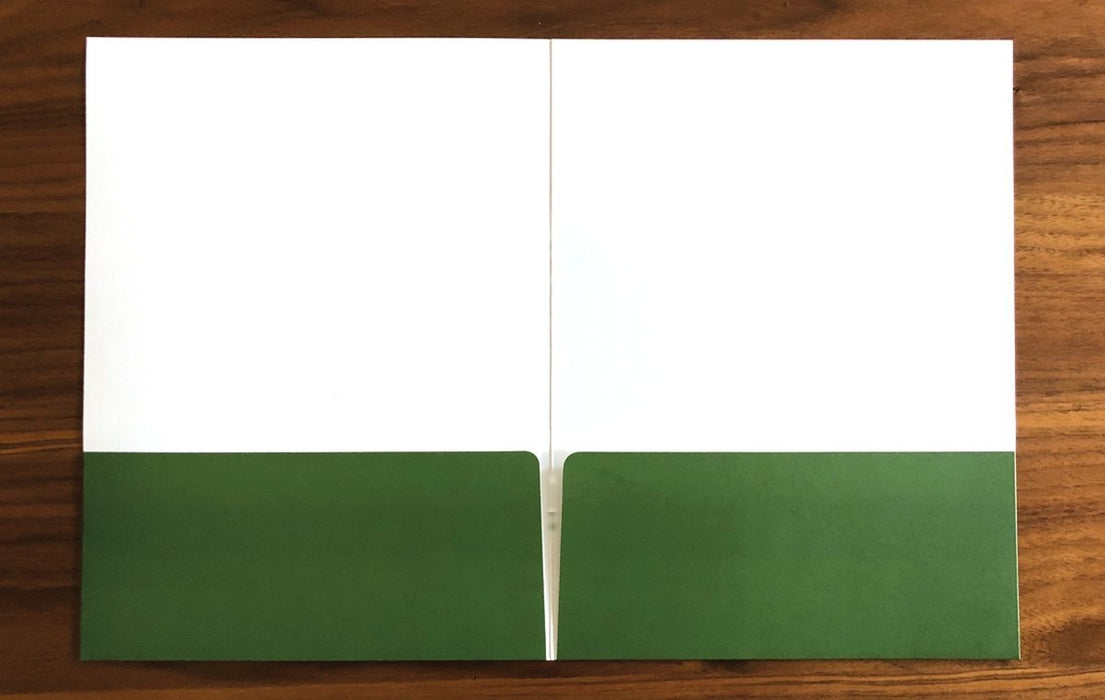 Inside view of open 14pt presentation folder with green pockets printed in Vancouver BC by Clubcard