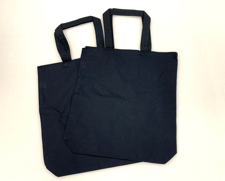 Two black 6oz unprinted cotton blank tote bags with handles displayed flat - Clubcard Vancouver
