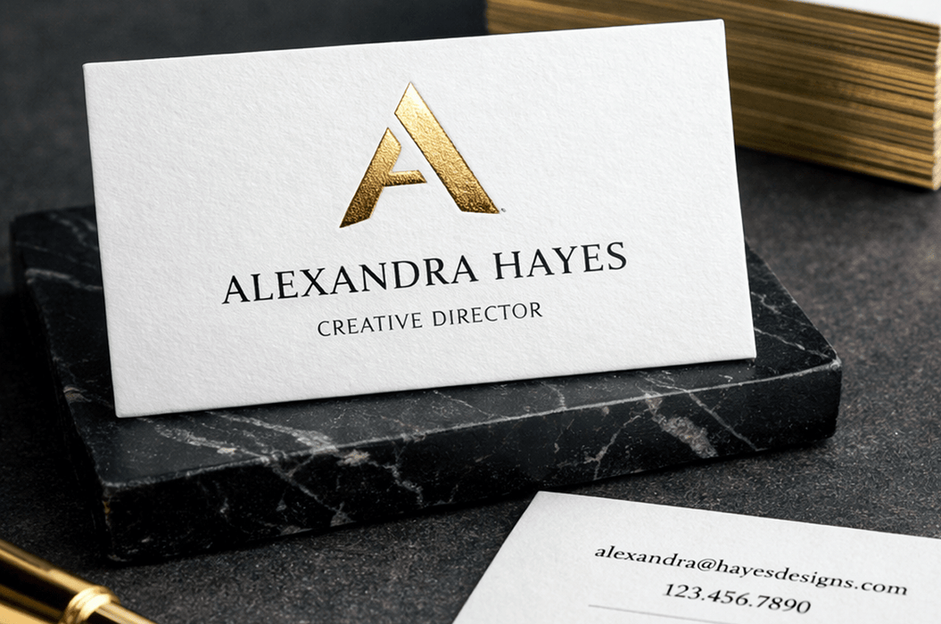 Custom 38pt ultra-thick cotton letterpress business card with gold foil monogram accent and gilded edges for Alexandra Hayes, Creative Director, printed by Clubcard Vancouver