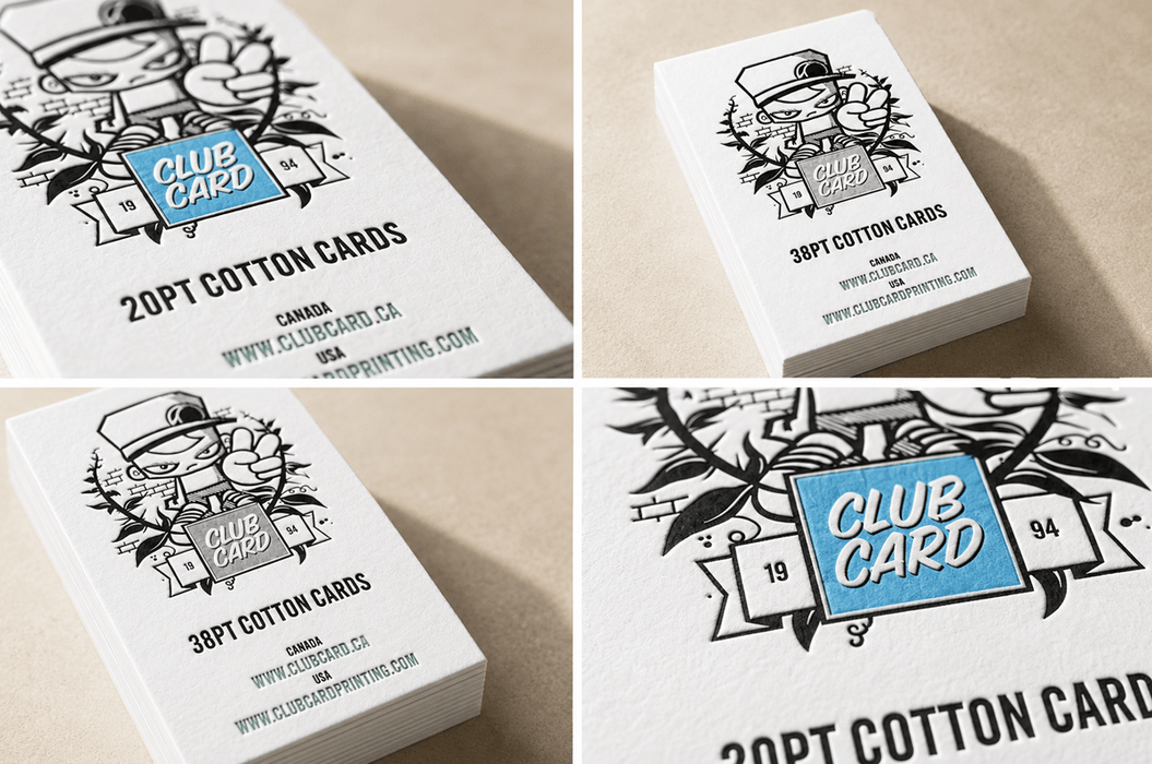 Four-panel photo grid showing 20pt and 38pt cotton letterpress business cards with Clubcard Vancouver's peace man mascot, printed by Clubcard Vancouver