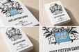 Four-panel photo grid showing 20pt and 38pt cotton letterpress business cards with Clubcard Vancouver's peace man mascot, printed by Clubcard Vancouver