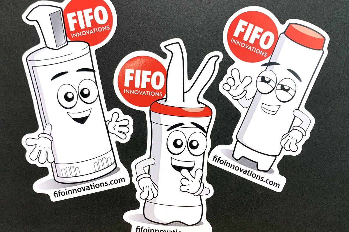 Custom shape vinyl sticker samples featuring cartoon squeeze bottle characters for FIFO Innovations, printed by Clubcard Vancouver