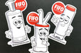 Custom shape vinyl sticker samples featuring cartoon squeeze bottle characters for FIFO Innovations, printed by Clubcard Vancouver