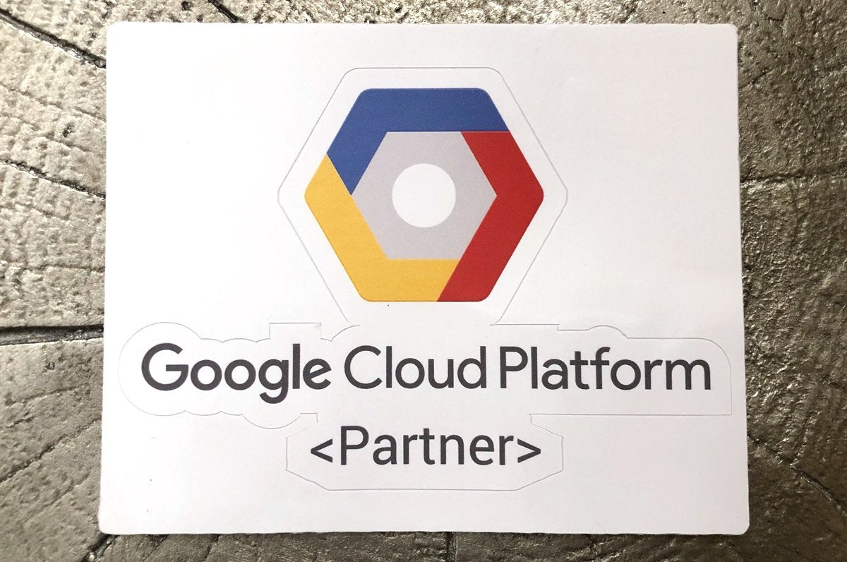 Custom shape vinyl sticker sample featuring the colorful Google Cloud Platform Partner logo on a white backing, printed by Clubcard Vancouver