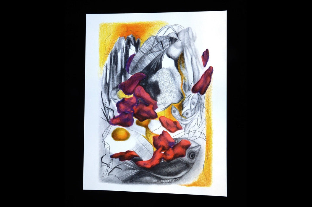 Fine art print sample featuring a colourful abstract illustration with red and yellow accents, printed by Clubcard Vancouver