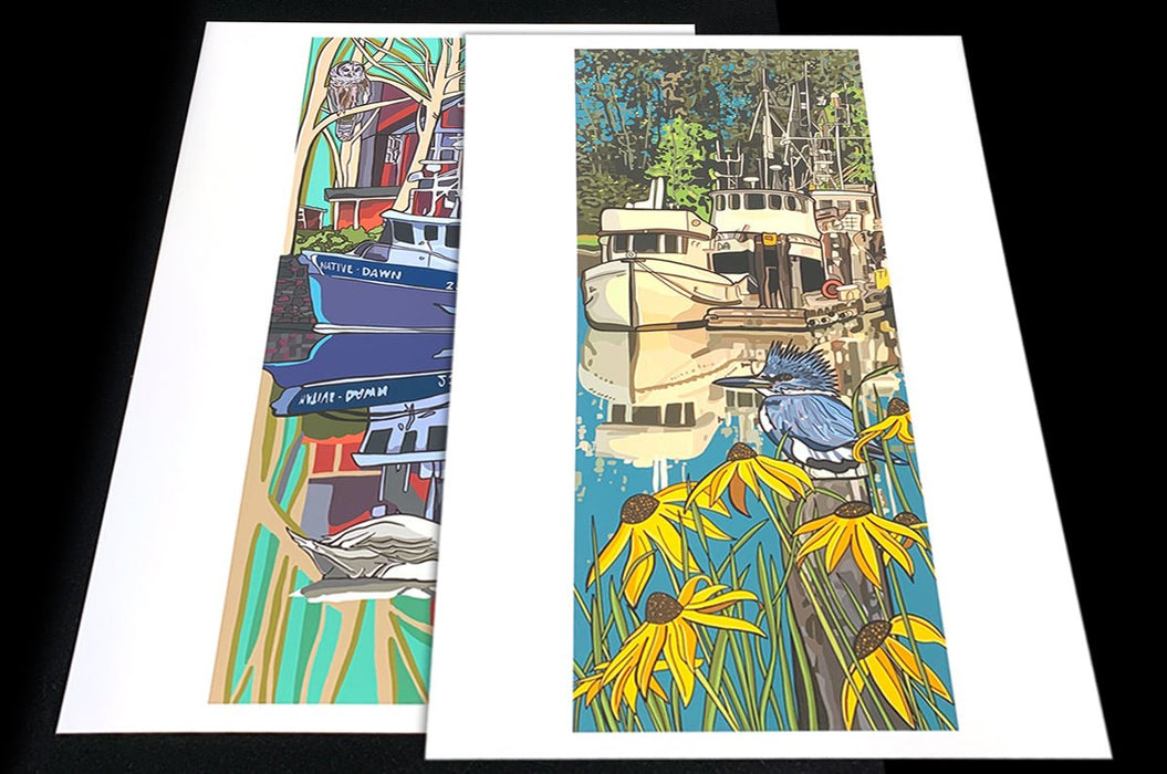 Two fine art sample prints featuring colourful illustrations of boats and a bird with flowers, printed by Clubcard Vancouver