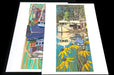 Two fine art sample prints featuring colourful illustrations of boats and a bird with flowers, printed by Clubcard Vancouver