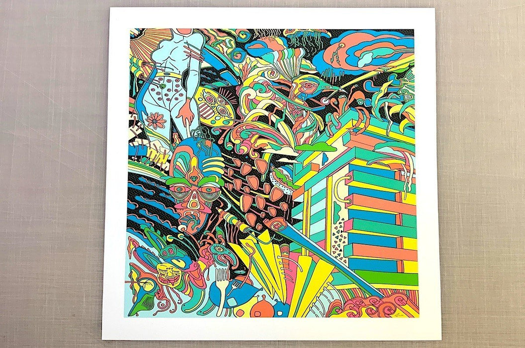 Fine art print sample featuring a vibrant, colourful surrealist artwork framed with a white mat border, printed by Clubcard Vancouver