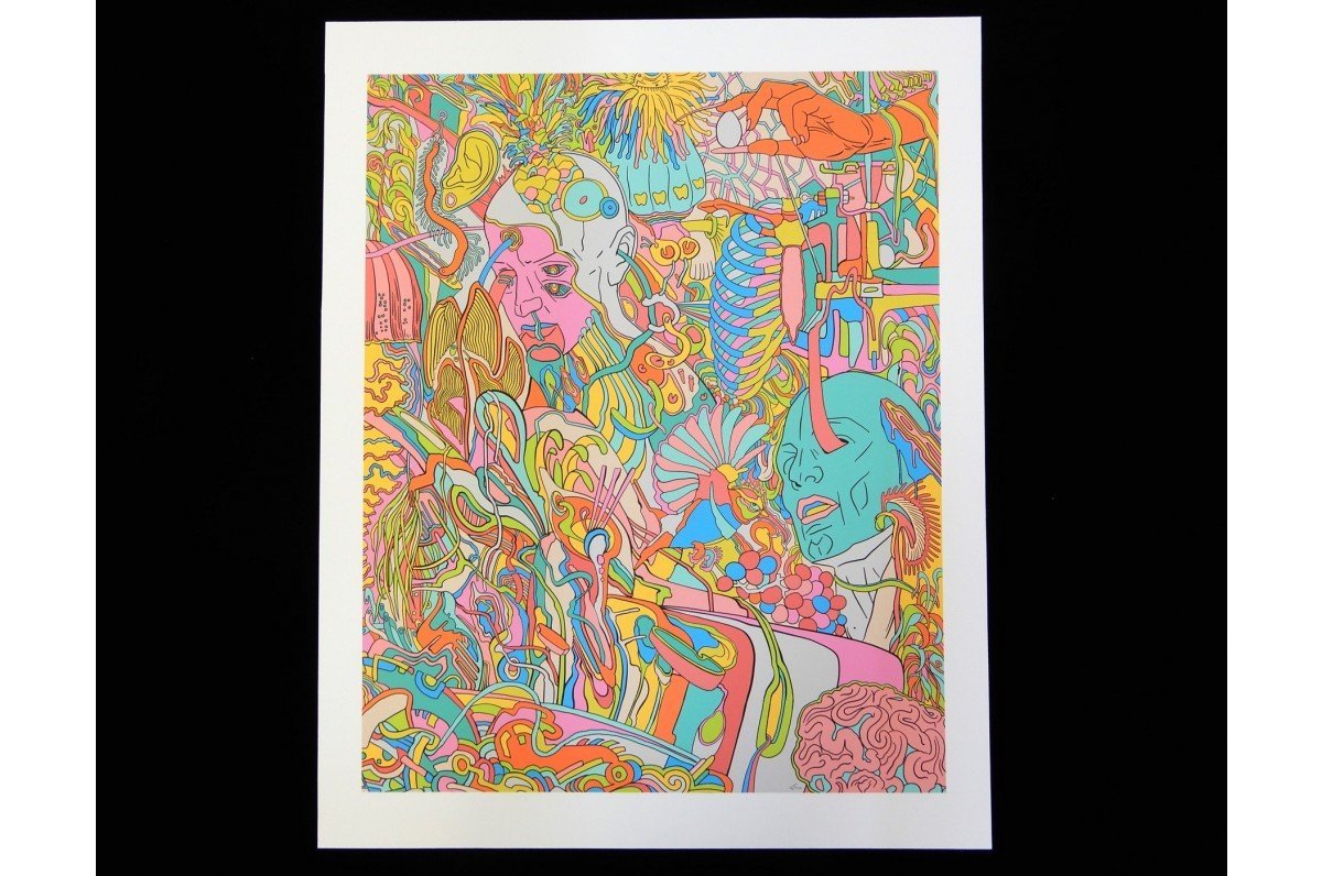 Fine art print sample featuring a vibrant and intricate colourful psychedelic illustration, printed by Clubcard Vancouver