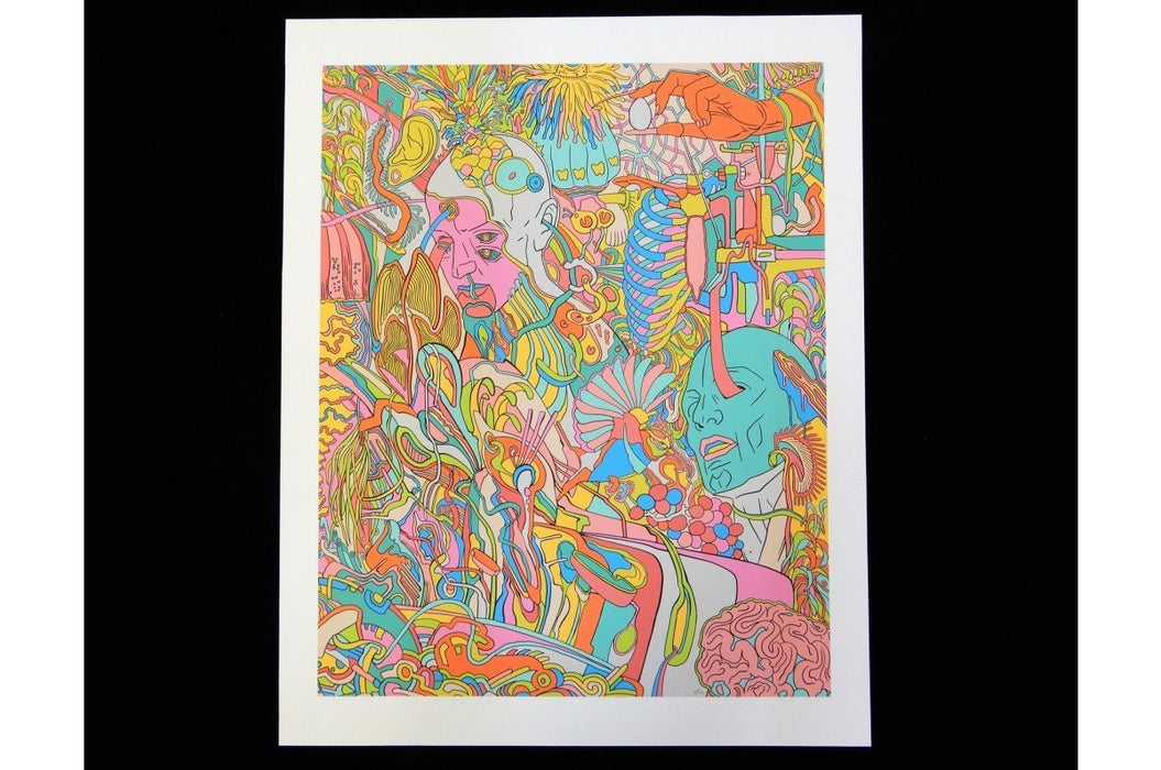 Fine art print sample featuring a vibrant and intricate colourful psychedelic illustration, printed by Clubcard Vancouver