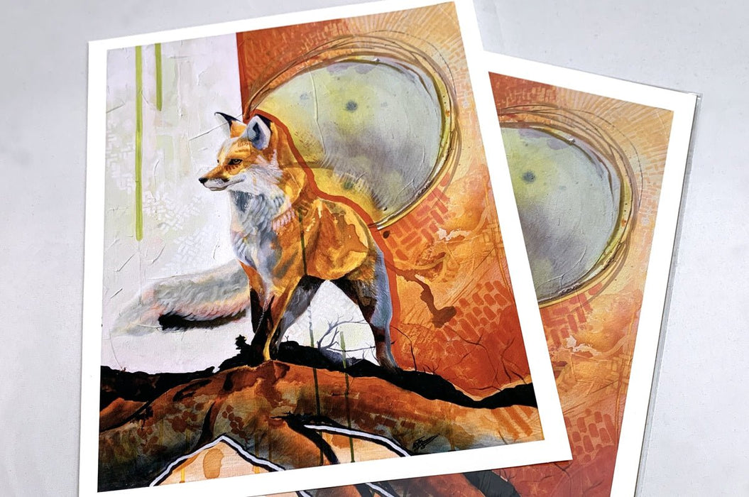 Two printed fine art sample prints featuring an orange painted fox artwork, produced by Clubcard Vancouver