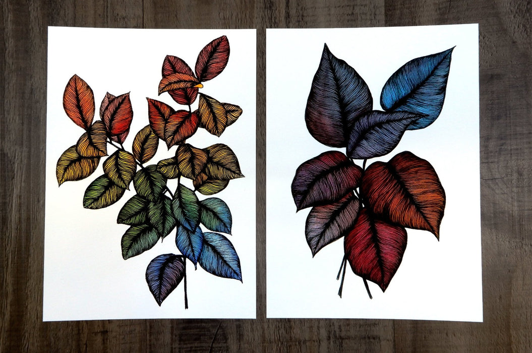 Two fine art sample prints featuring colourful detailed leaf artwork on wood background, printed by Clubcard Vancouver