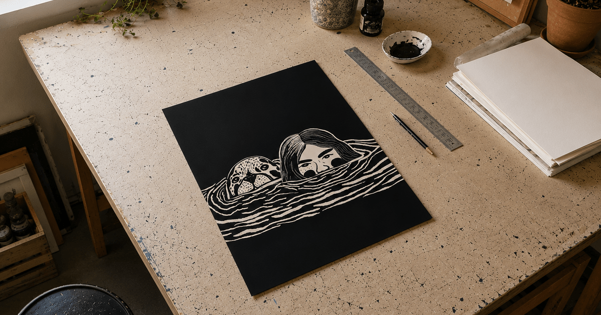 Black fine art print featuring a white linocut-style illustration of two figures in water, displayed on a studio worktable with art supplies by Clubcard Vancouver