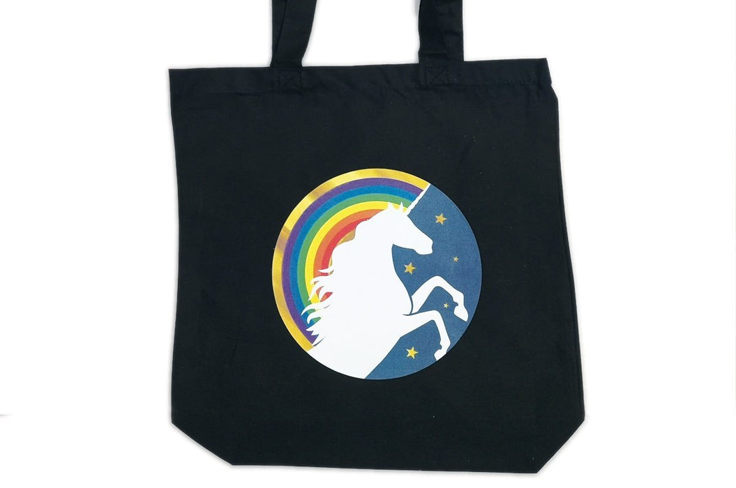 Custom printed black cotton tote bag sample featuring a colourful rainbow and unicorn emblem, printed by Clubcard Vancouver