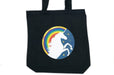 Custom printed black cotton tote bag sample featuring a colourful rainbow and unicorn emblem, printed by Clubcard Vancouver