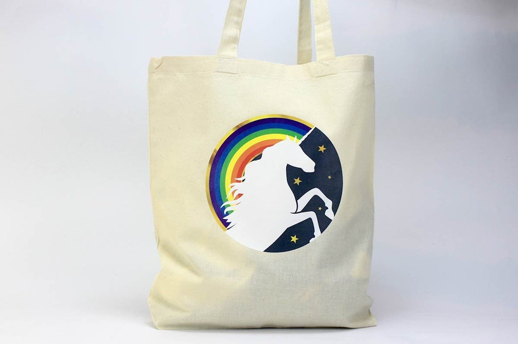 Custom printed natural cotton tote bag sample featuring a colourful rainbow and unicorn emblem, printed by Clubcard Vancouver