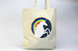 Custom printed natural cotton tote bag sample featuring a colourful rainbow and unicorn emblem, printed by Clubcard Vancouver