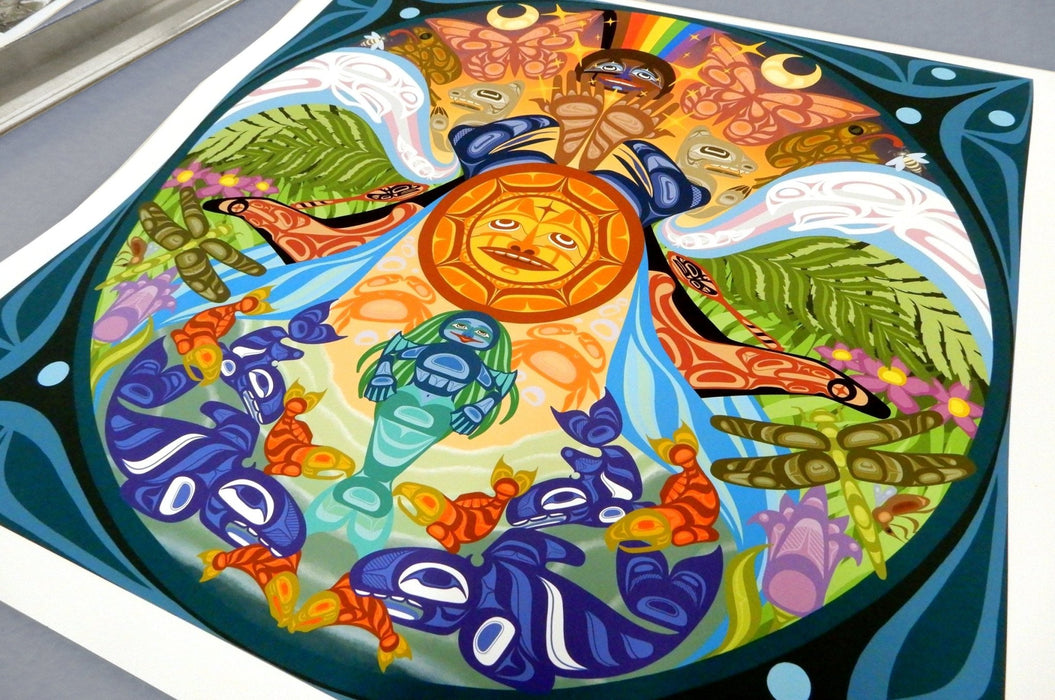 Large fine art print sample featuring an oval-trimmed, vibrant, intricate colourful mandala artwork, printed by Clubcard Vancouver