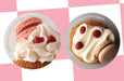 Two custom circular vinyl floor stickers featuring mouth-watering pastry illustrations and the text "let's do our part, and stay 6 feet apart..." set against a pink checkered backdrop.