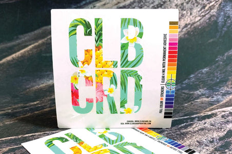Custom printed clear vinyl sticker featuring floral filled CLBCRD letters and color test bar display