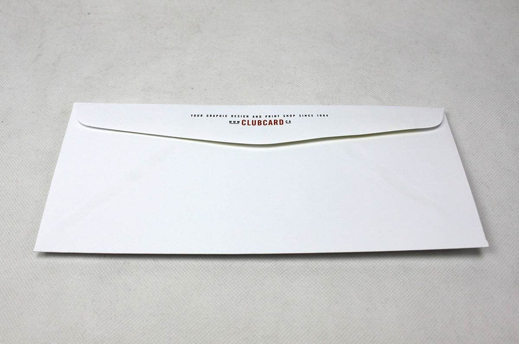 Back flap view of a custom printed white No. 9 uncoated envelope showing the Clubcard logo on the flap