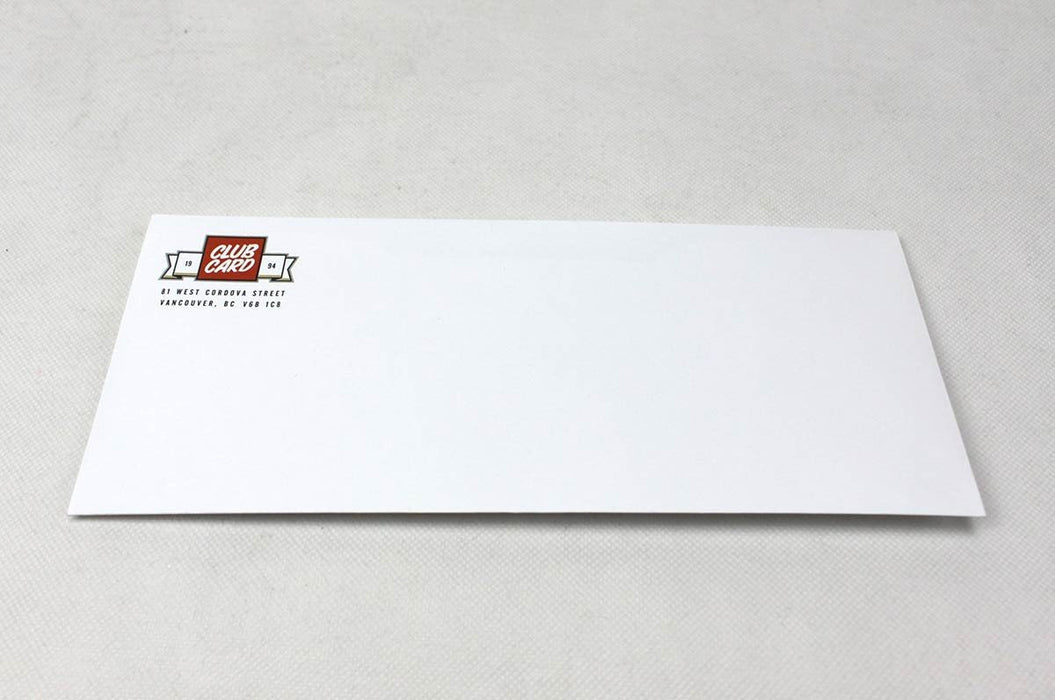 Front view of a custom printed white No. 9 uncoated envelope with the Clubcard logo in the upper left corner