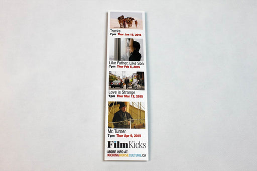 FilmKicks cinema screening schedule custom printed bookmark on 15pt coated stock by Clubcard Vancouver