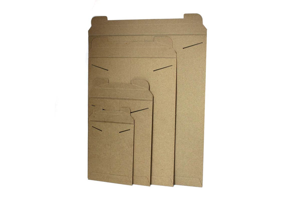Stack of brown heavy-duty kraft stay-flat mailer envelopes in various sizes with tab locks.