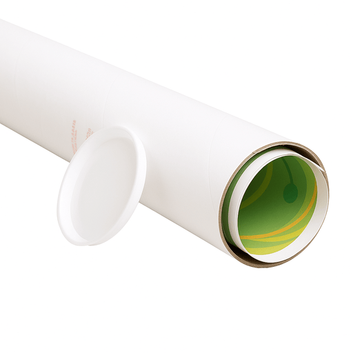 Heavy-duty white shipping tube open at the end with a printed poster inside and removable plastic end cap.