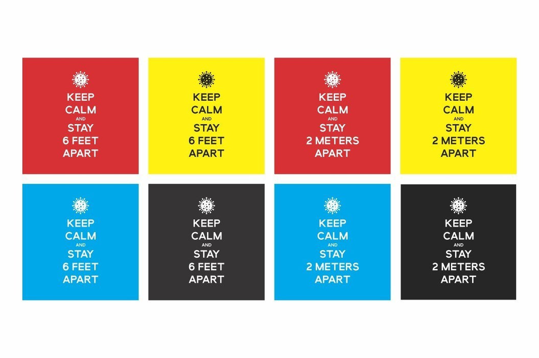 Grid of eight rectangular Keep Calm floor decals showing 6 Feet Apart and 2 Meters Apart in red yellow blue and black