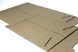 Close-up view of an open brown kraft stay-flat mailer showing the locking tab and closure slots.